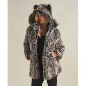 SpiritHoods Grey Wolf Faux Fur Coat Hooded Ears Womens Medium Grey Brown Black